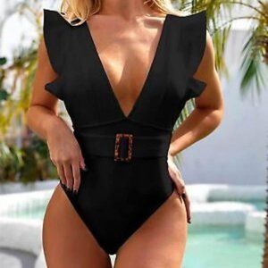 Black One Piece Swimsuit with Belt Accessory - NEW
